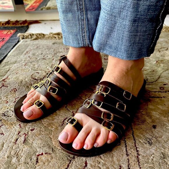Society Shoes - Society for Rational Dress. Buckle up! Brown leather flats with gold hardware.